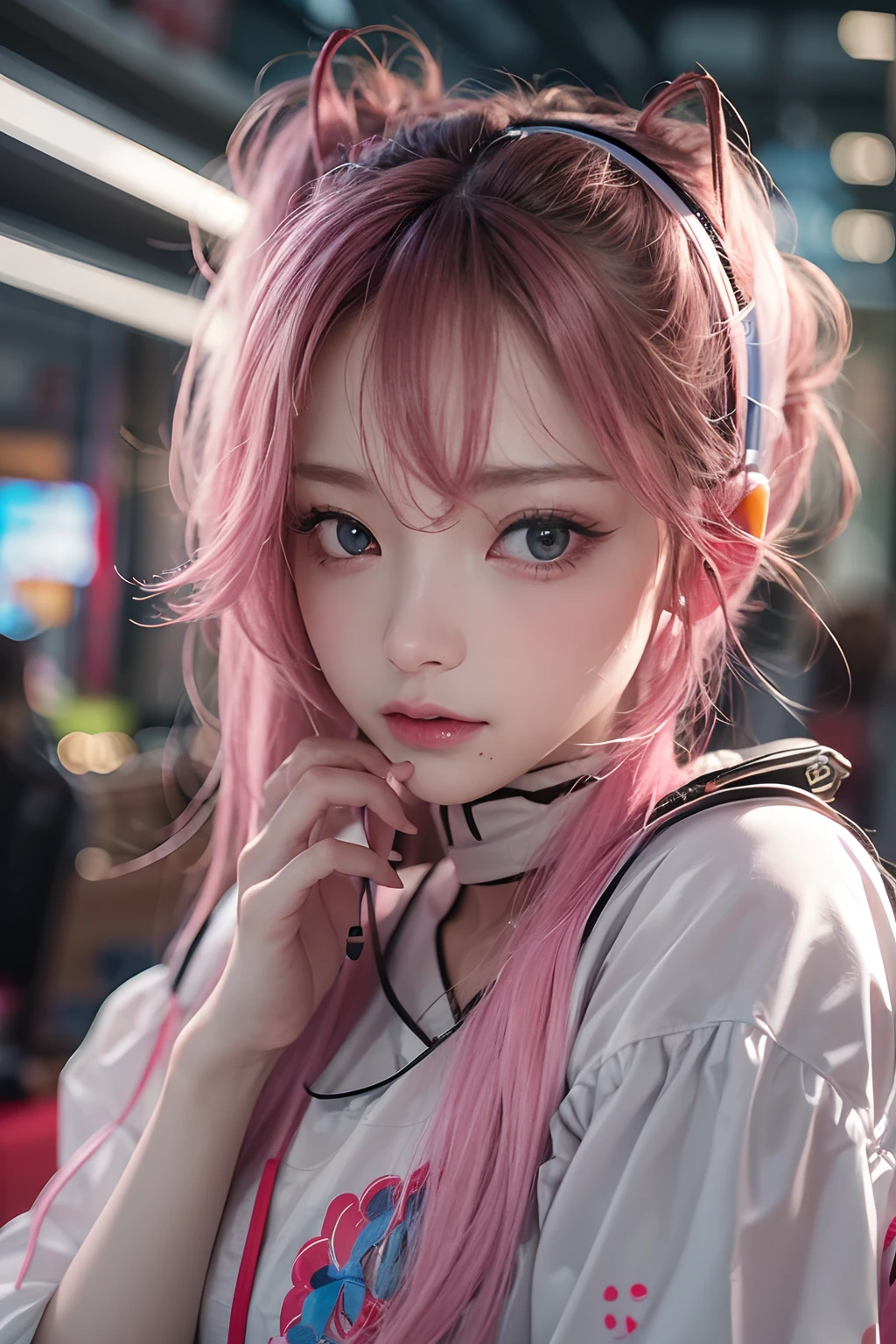 ​masterpiece, 1 beautiful girl, Detailed eye, Swollen eyes, top-quality, 超A high resolution, (reality: 1.4), 电影灯光, japanes, a asian beauty, very extremely beautiful, Beautiful skins, A slender, Forward-facing body, gazing at viewer、(A hyper-realistic), (hight resolution), (8K), (ighly detailed), ( Best Illustration), (beautifully detailed eyes), (ultra-detailliert), 详细的脸, Bright lighting, Professional Lighting、The background is a cyberpunk room with a large number of monitors....、Hair color is pink twin tails、、headset on head、Moles under the eyes、Plump and glossy lips、Heart-shaped choker、Female Game Commentator