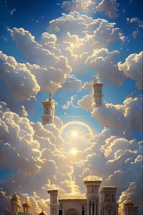 Cloud World, angels flying around, majestic gates and pillars, the sun and moon and stars, in heaven, 
masterpiece, best quality, ultra-detailed, 
Sidon, Sidon style
(photorealistic), an extremely delicate and beautiful, depth of field, film grain, profess...