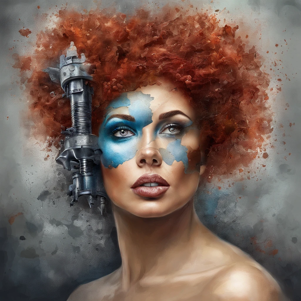 A woman with a gun in her hair and a blue face - SeaArt AI