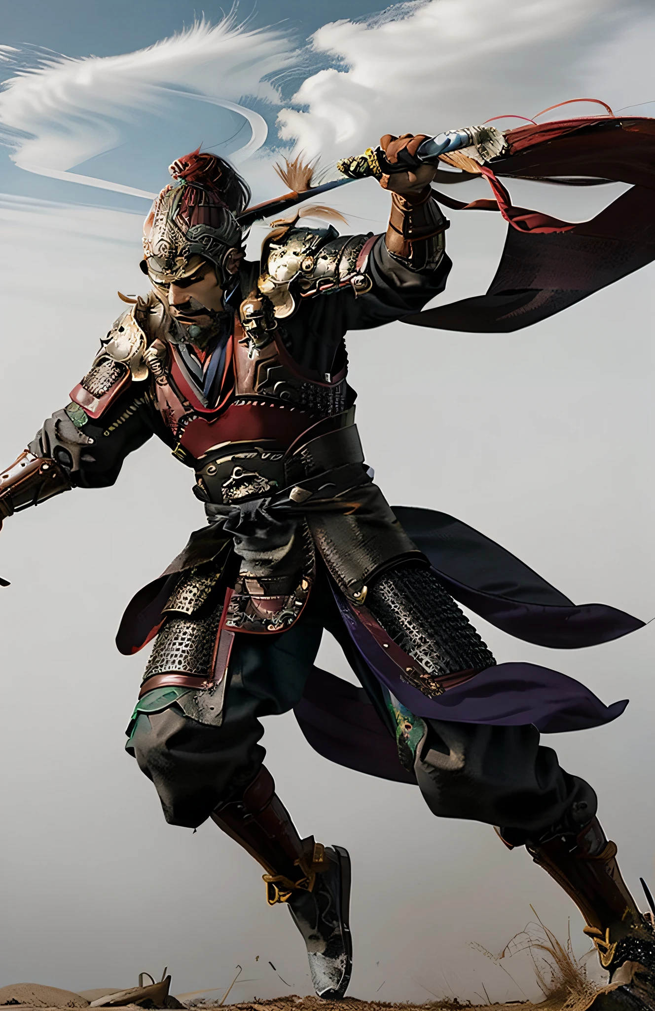 ((Unreal Engine 5)), Realistic rendering, Excellent, (Full set of samurai armor), (chest plate), (Cloak), Painting Song Dynasty martial arts, Wearing a purple robe，Brown leather cuirass，Long knife in both hands，Jump up and fight the Song army，dynamicposes，Song Dynasty architectural background，three kingdom, Photos of ancient generals, epic full color illustration, inspired by Li Kan, tai warlord, Inspired by Chen Danqing, The feeling comes from Shen Quan, Inspired by Hu Zaobin, inspired by Zhu Derun, Inspired by Huang Shen, inspired by Li Rongjin, Inspired by Shen Zhou，inspired by Lu Zhi, author：Yoon Du-seop,