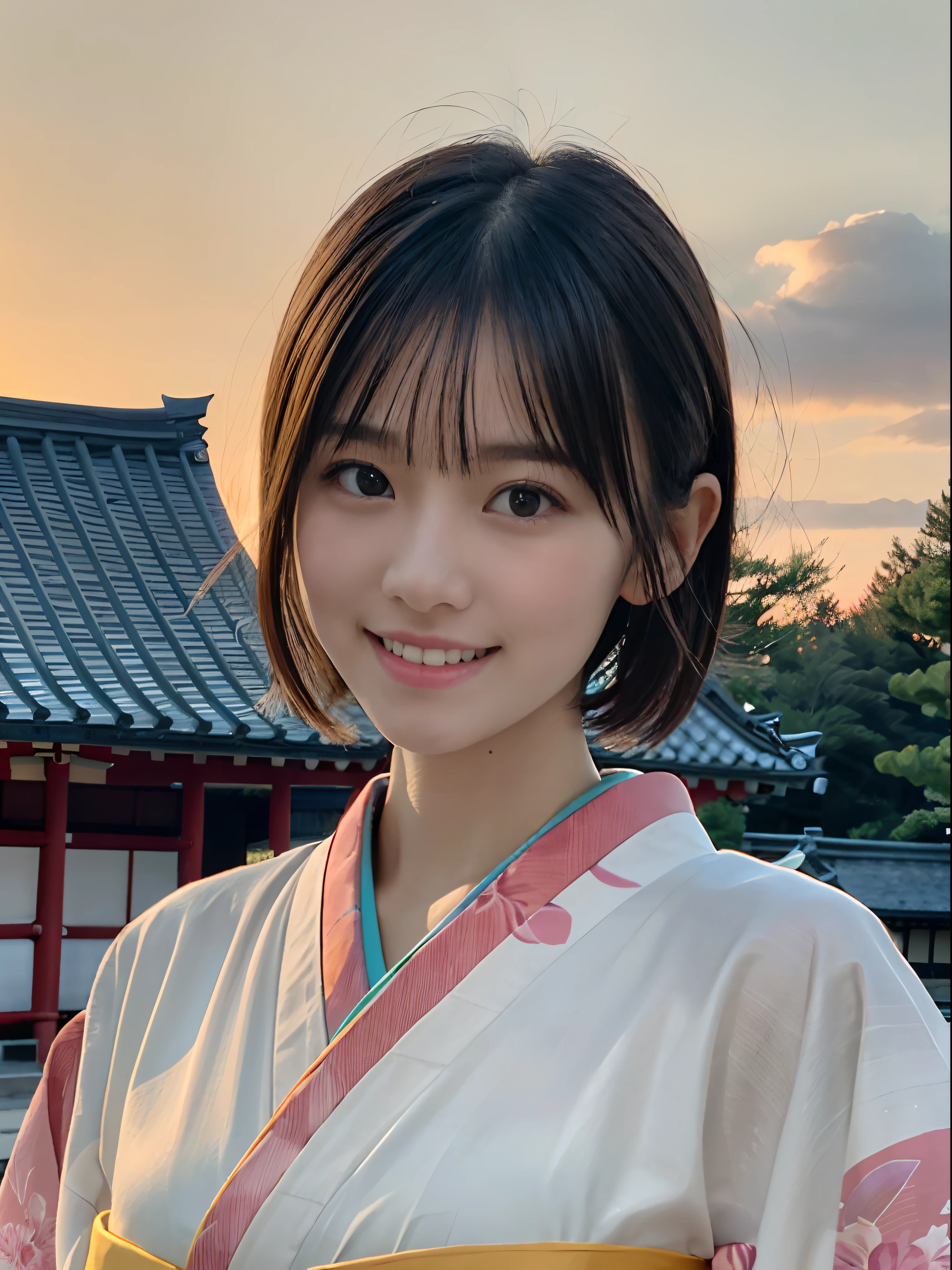 (Close up portrait of two ladies with dull bangs short hair in beautiful colorful kimono:1.5)、(Two ladies enshrining a shrine in Japan with smiles:1.3)、(A shrine in Japan with a winter sunset red sky:1.5)、(Perfect Anatomy:1.3)、(No mask:1.3)、(complete fingers:1.3)、Photorealistic、Photography、masutepiece、top-quality、High resolution, delicate and pretty、face perfect、Beautiful detailed eyes、Fair skin、Real Human Skin、pores、((thin legs))、(Dark hair)