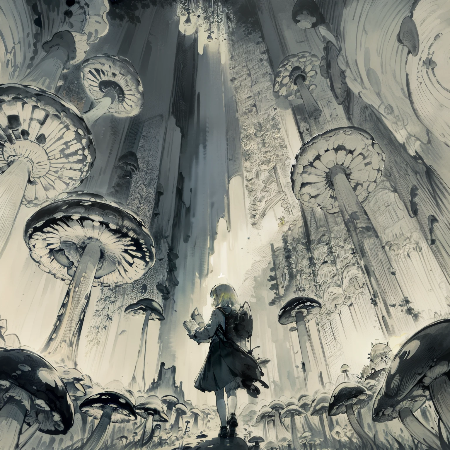 Beautiful and aesthetic,, Solo,Cute,Yellow hair,pleatedskirt，Dance，Cogumelos，Mushrooms，Huge mushrooms，spore，(glowing ambiance, enchanting glow, luminouslighting, Ethereal atmosphere,Watercolor illustration, Perfect anatomy, Masterpiece, Best quality, 1girll, Loli,elementary student,bookbag，Nature, landscape