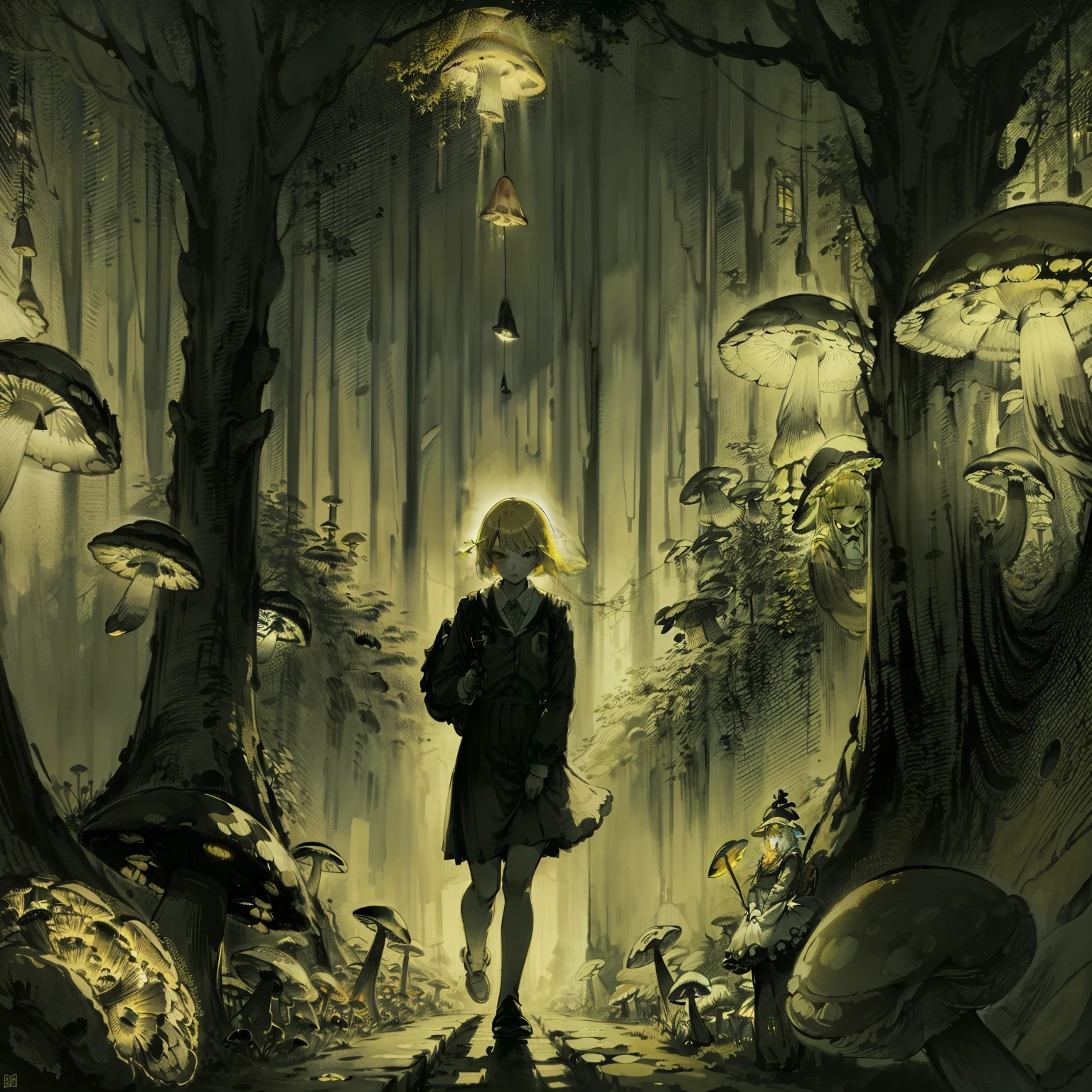 Beautiful and aesthetic,, Solo,Cute,Yellow hair,pleatedskirt，Dance，Cogumelos，Mushrooms，Huge mushrooms，spore，(glowing ambiance, enchanting glow, luminouslighting, Ethereal atmosphere,Watercolor illustration, Perfect anatomy, Masterpiece, Best quality, 1girll, Loli,elementary student,bookbag，Nature, landscape