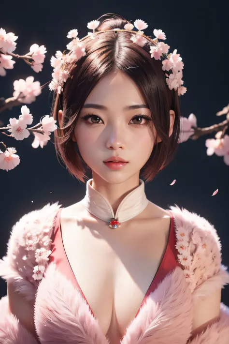 beautiful japanese young woman, wearing ninja armor, thick symmetrical features, very short hair, background is cherry blossoms, pink aura, red lips, octane render,