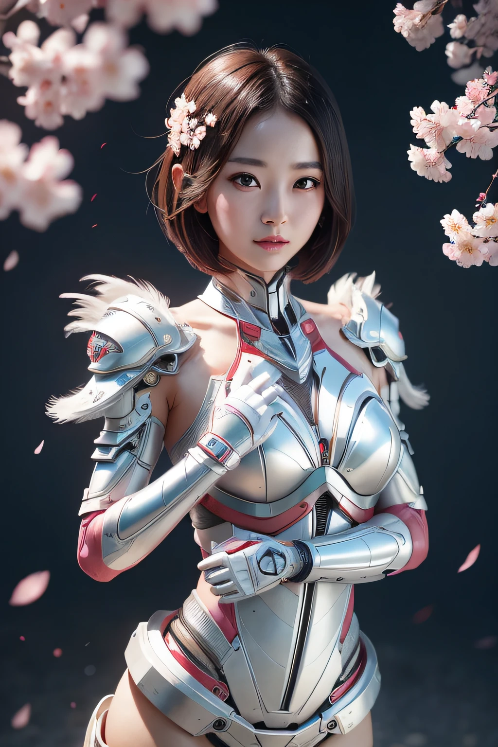 beautiful japanese young woman, wearing cyborg armor, thick symmetrical features, very short hair, background is cherry blossoms, pink aura, red lips, octane render,