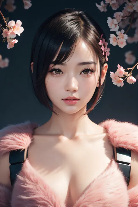 beautiful japanese young woman, wearing cyborg armor, thick symmetrical features, very short hair, background is cherry blossoms, pink aura, red lips, octane render,