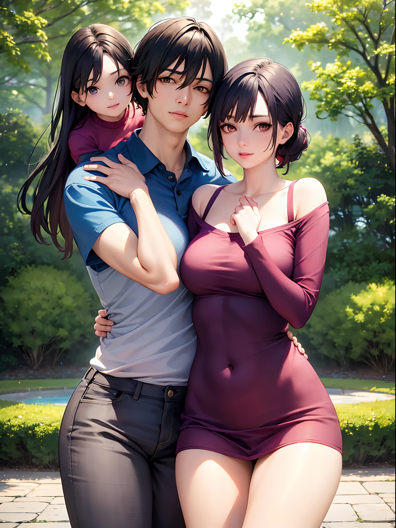 (best quality,4k,8k,highres,masterpiece:1.2),ultra-detailed,(realistic,photorealistic,photo-realistic:1.37),father with short purple hair and purple eyes, mother with black hair and orange eyes in a single ponytail, portrait of a family of three, 8-year-old daughter, beautiful family portrait, loving and warm atmosphere, smiling faces, stylish clothing, natural lighting, vibrant colors