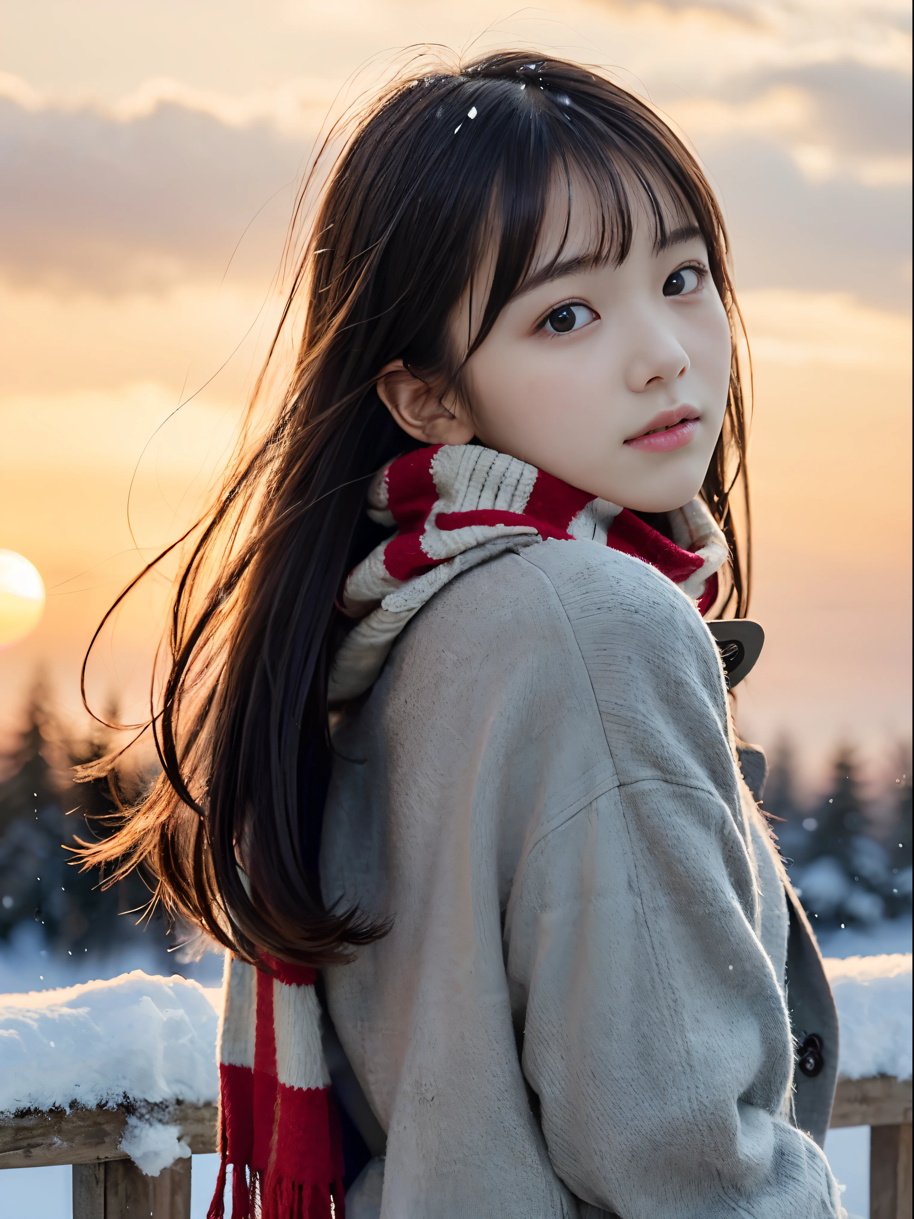(Close up portrait of slender girl with long hair with dull bangs :1.5)、(The girl looks back with a sad face:1.5)、(The girl in winter uniform with scarf and winter coat:1.5)、(Beautiful snowy sunset red sky:1.5)、(Perfect Anatomy:1.3)、(No mask:1.3)、(complete fingers:1.3)、Photorealistic、Photography、masutepiece、top-quality、High resolution, delicate and pretty、face perfect、Beautiful detailed eyes、Fair skin、Real Human Skin、pores、((thin legs))、(Dark hair)