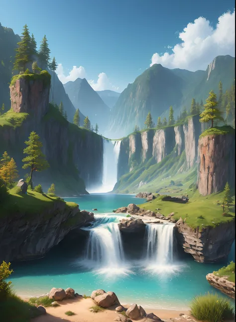 A painting of a waterfall in the mountains with trees and rocks 