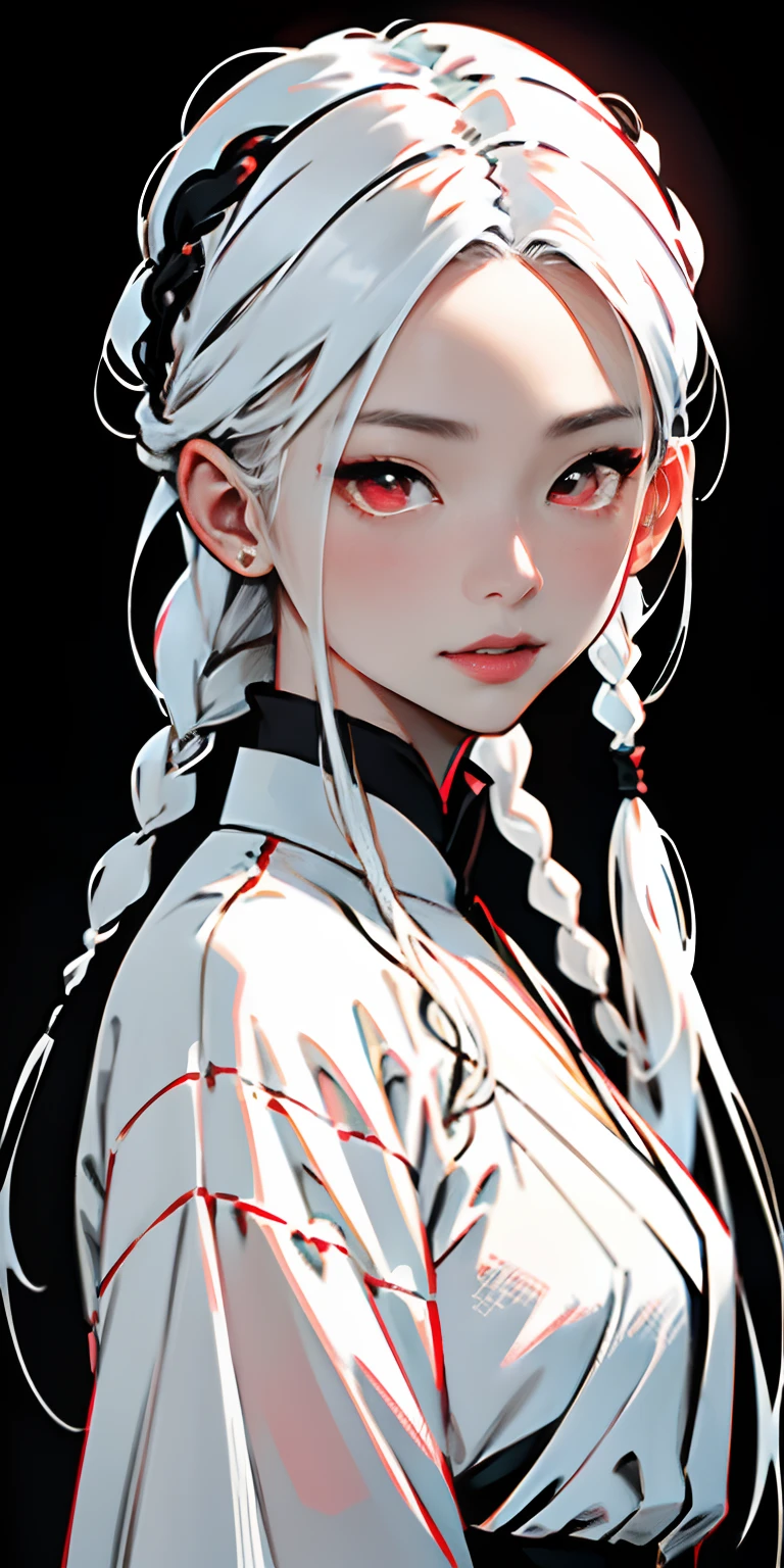 top-quality、​masterpiece、1 girl in、black backgrounds、white  hair:1.5、Red Eyes、red-lips、white  clothes、Black and white world、Black and white world、light skinned、Side braid