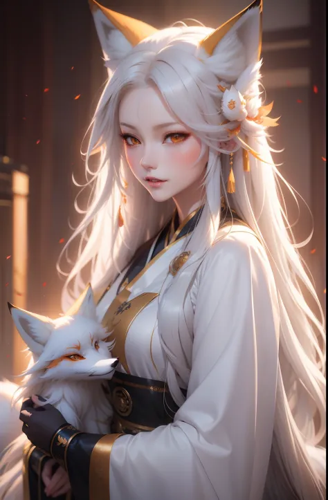 anime girl with long hair and a fox, a beautiful fox lady, white - haired fox, beautiful character painting, by Yang J, beautifu...
