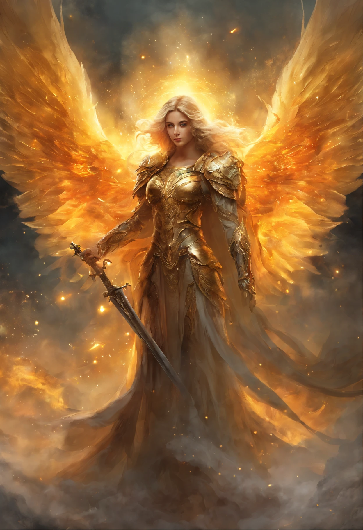Ultra-realistic angelic figure: A golden angel with wings spread with a fiery sword in his hand in a gloomy, dark smoke setting