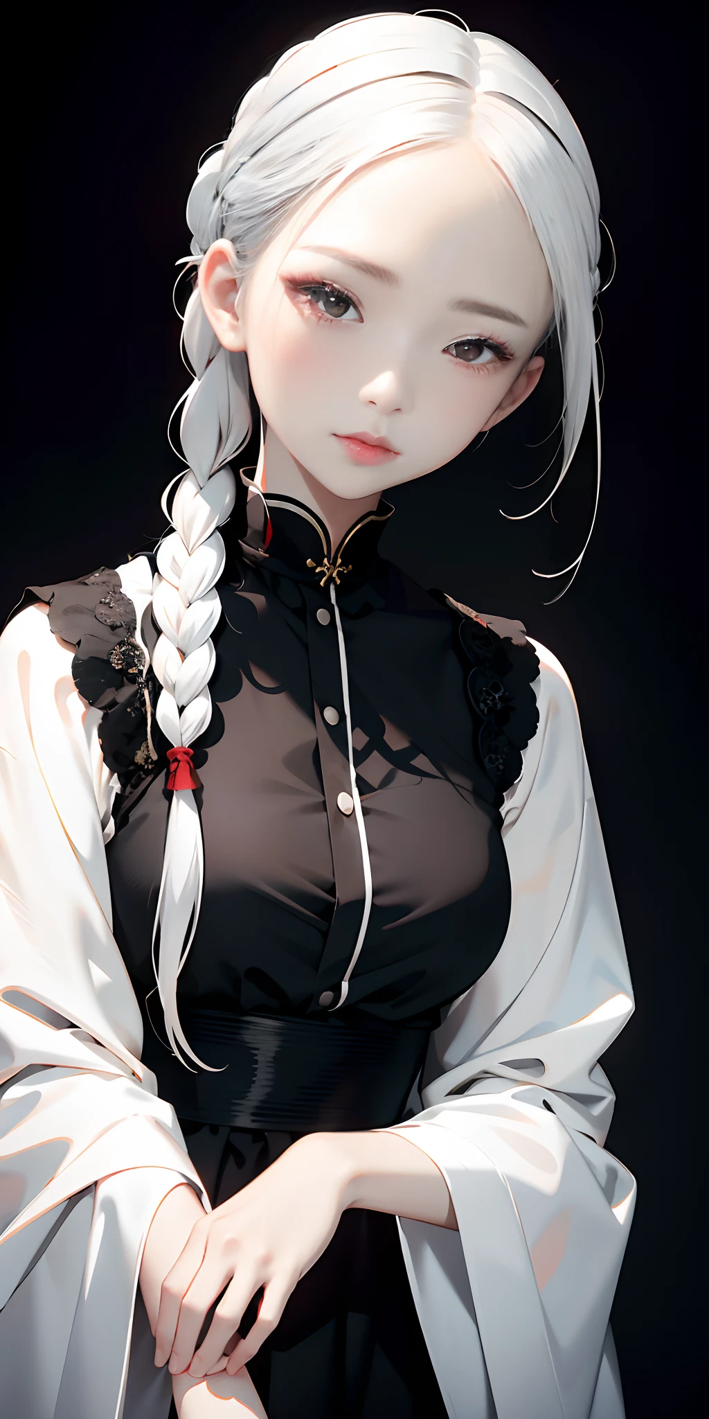 top-quality、​masterpiece、1 girl in、black backgrounds、white  hair:1.5、Red Eyes、red-lips、white  clothes、Black and white world、Black and white world、light skinned、Side braid