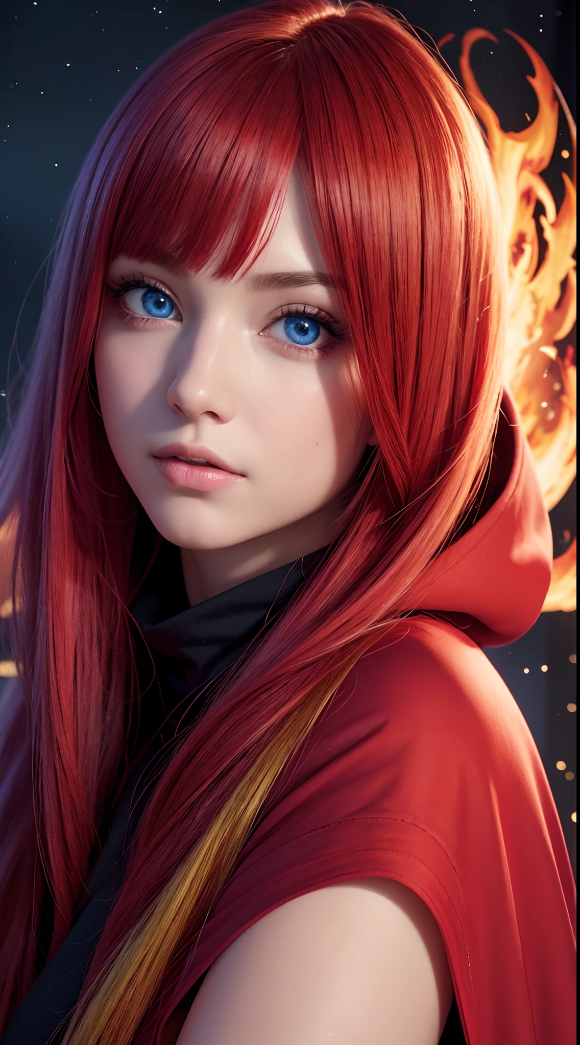 Best quality, 4K, high resolution, Masterpiece:1.2, super ultra detail, (Realistic, Photorealistic, photo-realistic:1.37), vibrant, Red and blue heterochromic eyes，Strong gaze，Mesmerizing eye contact，Fire-red iris，Dark blue shining stars，Shining pupils，Vivid colors，Portrait，Fantasy art，Magical red light，Ethereal beauty，Red color palette，Long yellow hair，Cloak like red