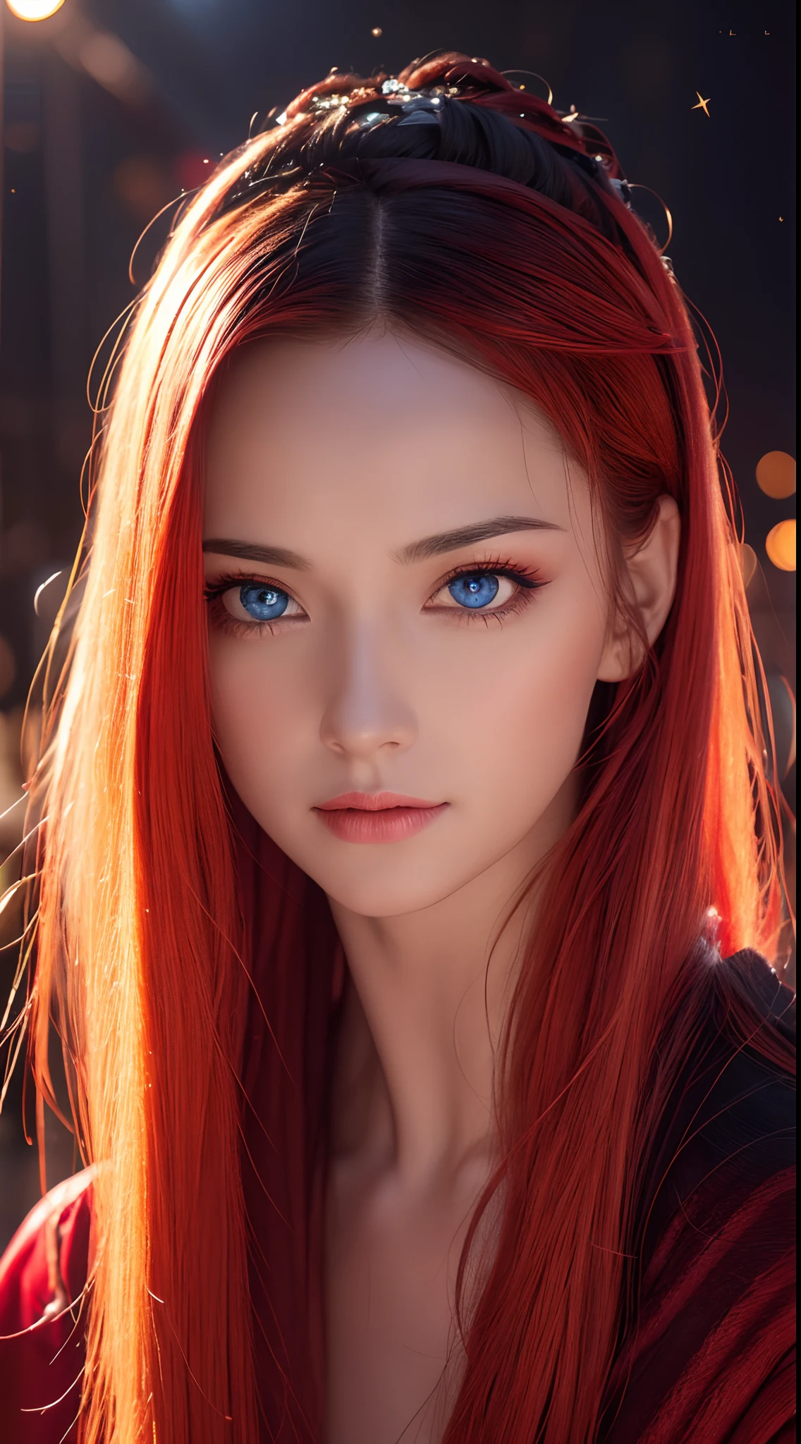 Best quality, 4K, high resolution, Masterpiece:1.2, super ultra detail, (Realistic, Photorealistic, photo-realistic:1.37), vibrant, Red and blue heterochromic eyes，Strong gaze，Mesmerizing eye contact，Fire-red iris，Dark blue shining stars，Shining pupils，Vivid colors，Portrait，Fantasy art，Magical red light，Ethereal beauty，Red color palette，Long yellow hair，Cloak like red