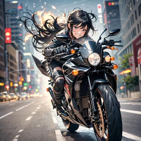 Top Quality, 8K, High Resolution, Masterpiece, (Portrait: 0.6), A Kawasaki motorcycle the city at high speed,(slow motion:1.3),(Motion blur:1.3),(speed lines:1.4),sense of speed,1girl,Sparks and smoke coming out of tires, black hair, medium hair, (evil gri...