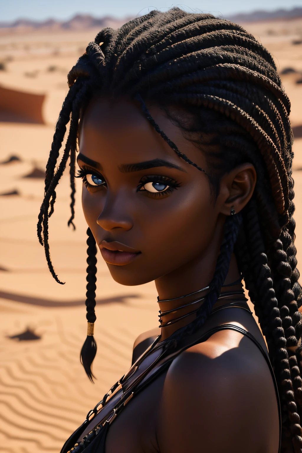 mujer negra, Ojos castaños, edad 19 años, caminando en el desierto, húmedo, cabello enrulado, mirada seductora