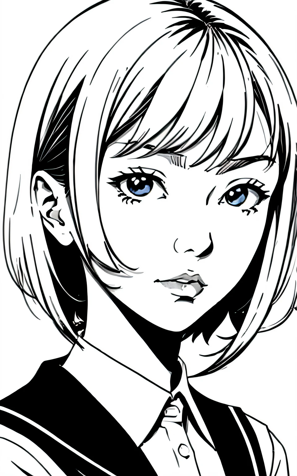 Inspiriert von Hisashi Eguchis Kunstwerk、(lineart_Anime-Serie),(Schwarz und weiß),High-School-Mädchen、High-School-Uniform,Kein Hintergrund_mit einem rein weißen Hintergrund,einfacher Hintergrund,Gesicht