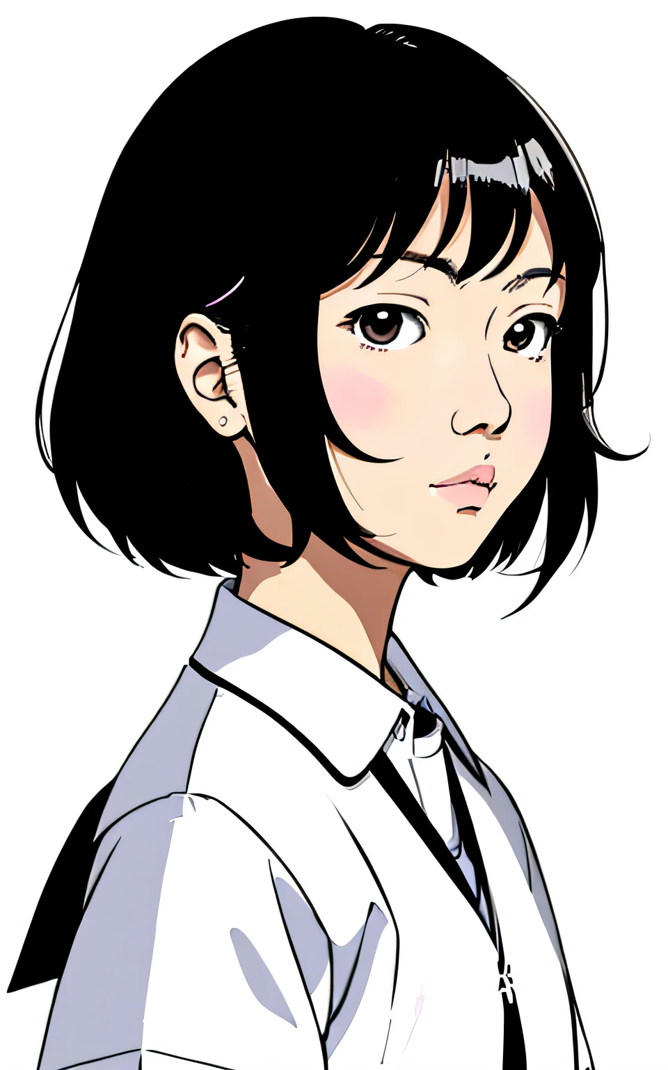 Inspiré par les œuvres d&#39;Hisashi Eguchi、(linéaire_Anime),(noir et blanc),fille de l&#39;école、uniforme de lycée,pas de fond_avec un fond blanc pur,fond simple,haut du visage