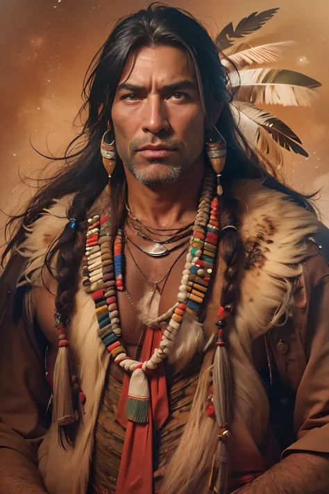 45-year-old man，a handsome, An Apache North American Indian, broad-shouldered, Ethno, Boho, hairlong, By the fire, Sportsman, La...