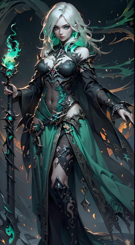 female necromancer conjuring green flames,（hoang lap，a high resolution，hyper detailled），black soul theme, leather，off-white，necr...