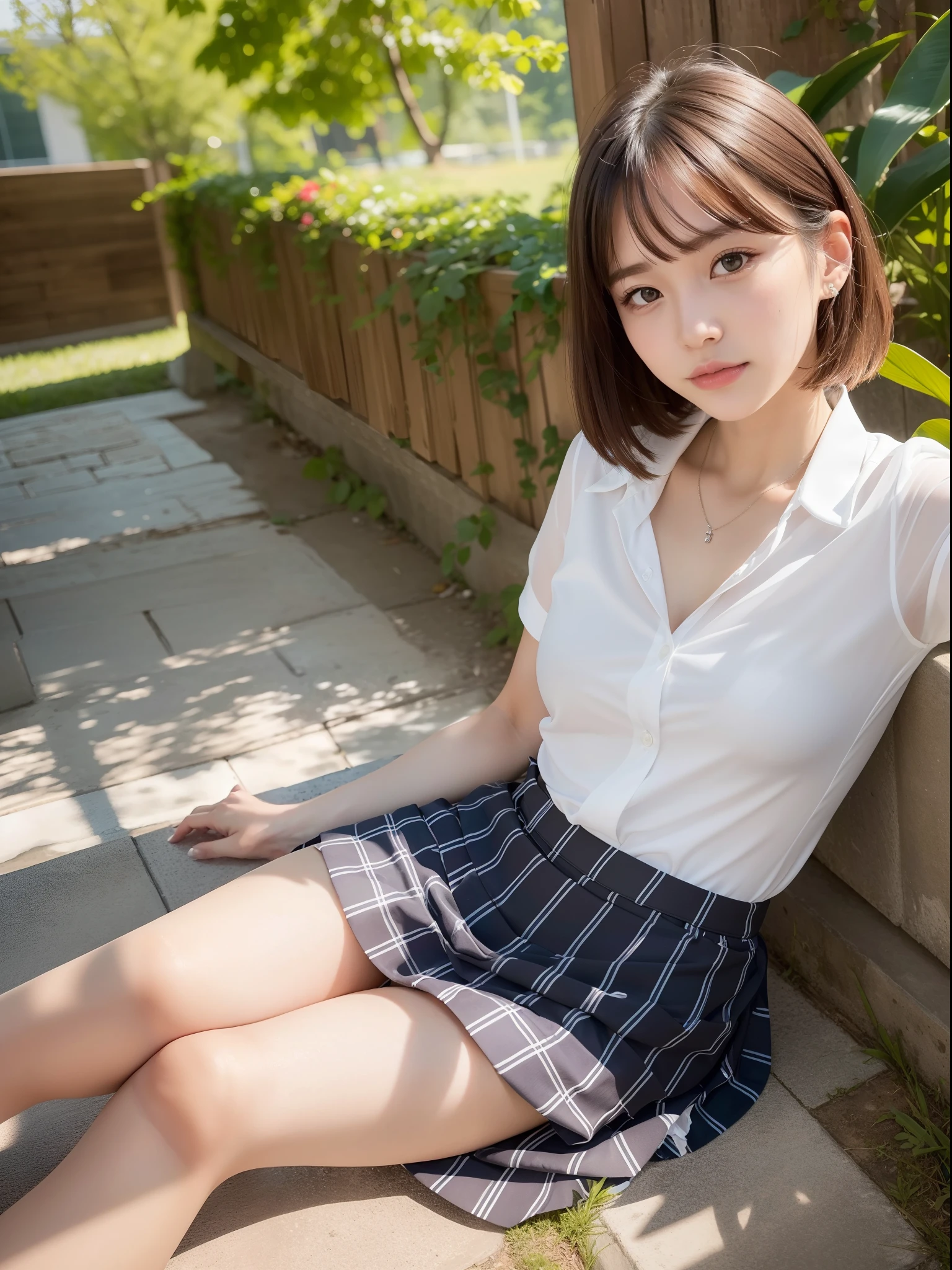 Arafed asian woman sitting on a bench in a white shirt and blue plaid ...