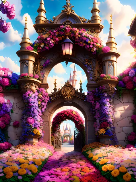 photo (FlowerGateway style:1) The castle entrance is surrounded by flowers, Disney