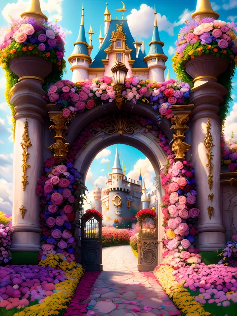 photo (FlowerGateway style:1) The castle entrance is surrounded by flowers, Disney