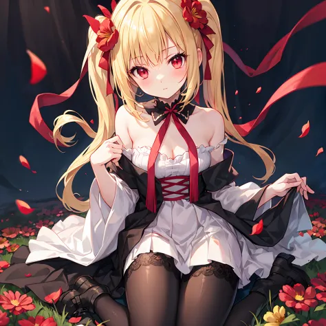 a blond、poneyTail、Red ribbons、red eyes、Beautiful girl alone、red blush、off shoulders、Black tights、flower  field