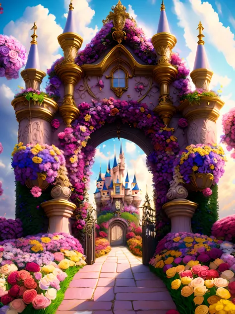 photo (FlowerGateway style:1) The castle entrance is surrounded by flowers, Disney