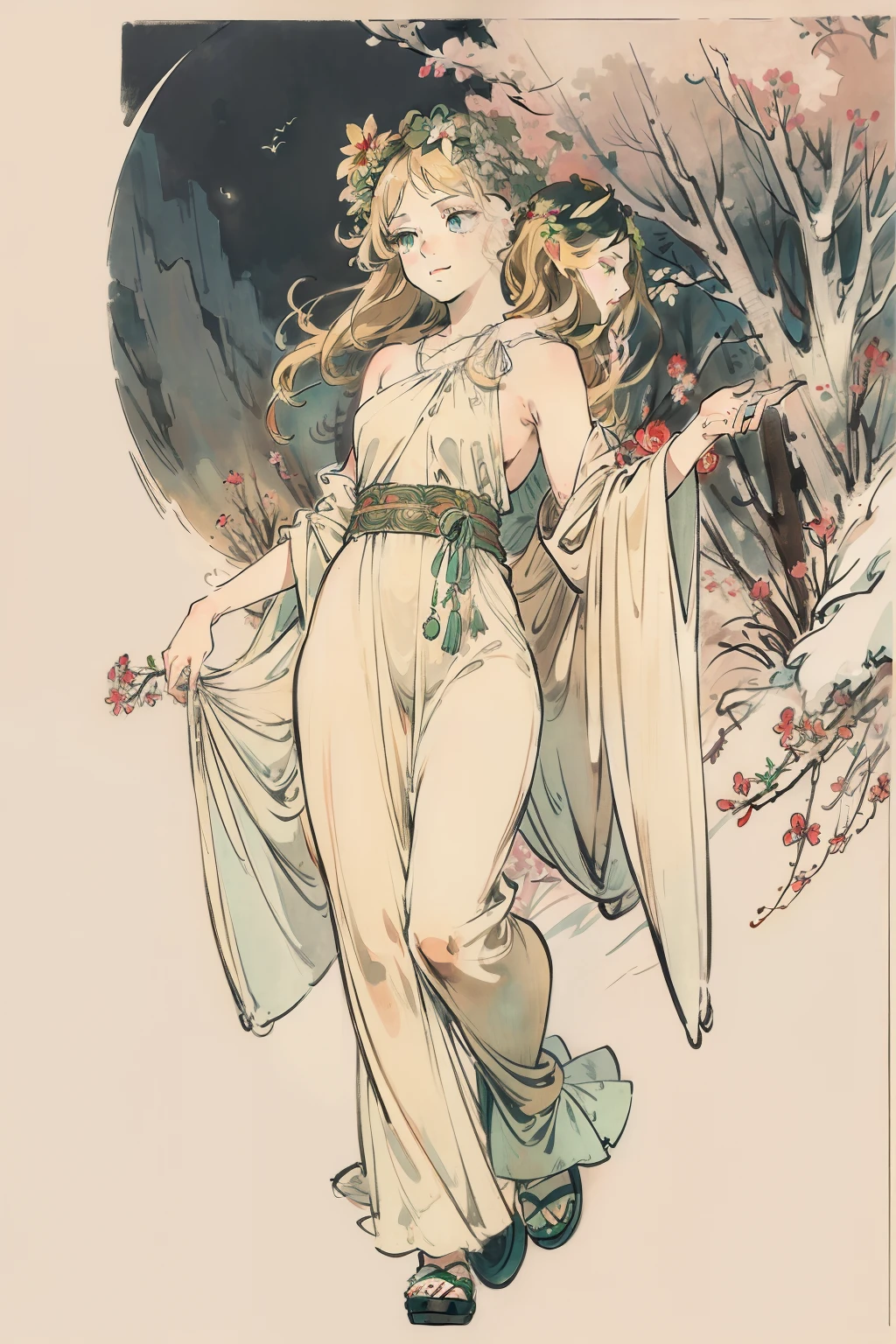 SFW,masutepiece, Best Quality, High resolution, 1girl in, Full body, Details Girl, detail hands, Detail fingers, Detail Face, detail legs, 1girl in, elf, Looking down, Flower Garden, Black sky, smog, watercolor paiting, pale skin, , Blonde hair, Long hair, Wavy Hair, saddened, mournful smile, Green eyes, tareme, medium breasts, white sundress, Bare back, Planting trees