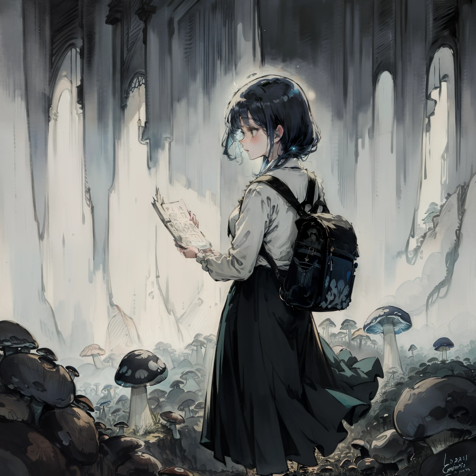 Anime girl with backpack looking at map in a forest - SeaArt AI