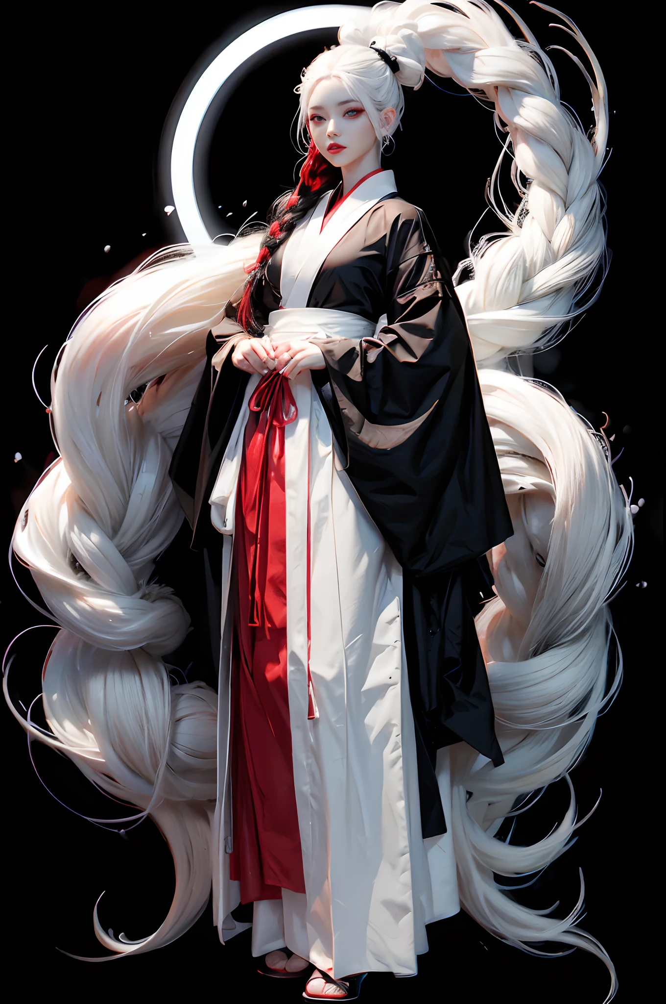top-quality、​masterpiece、1 girl in、Black background、Black background、Full Body Angle、White and black hakama、Hakama、Standing、black backgrounds、white  hair:1.5、Red Eyes、red-lips、white  clothes、Black and white world、Black and white world、light skinned、Side braid