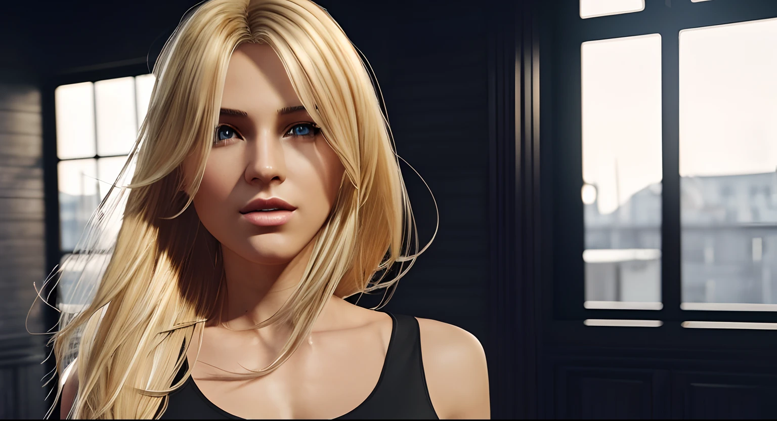 ((Best Quality, 8K, Masterpiece: 1.3)), Full Body, Focus Clear: 1.2, Outstanding Beauty: 1.4, Slender Abs: 1.2, ((Blonde, Big: 1.2)), Black Tank Top, Highly Detailed Face and Skin Texture, Detailed Eyes, Double Eyelids, Claire, re2 remake