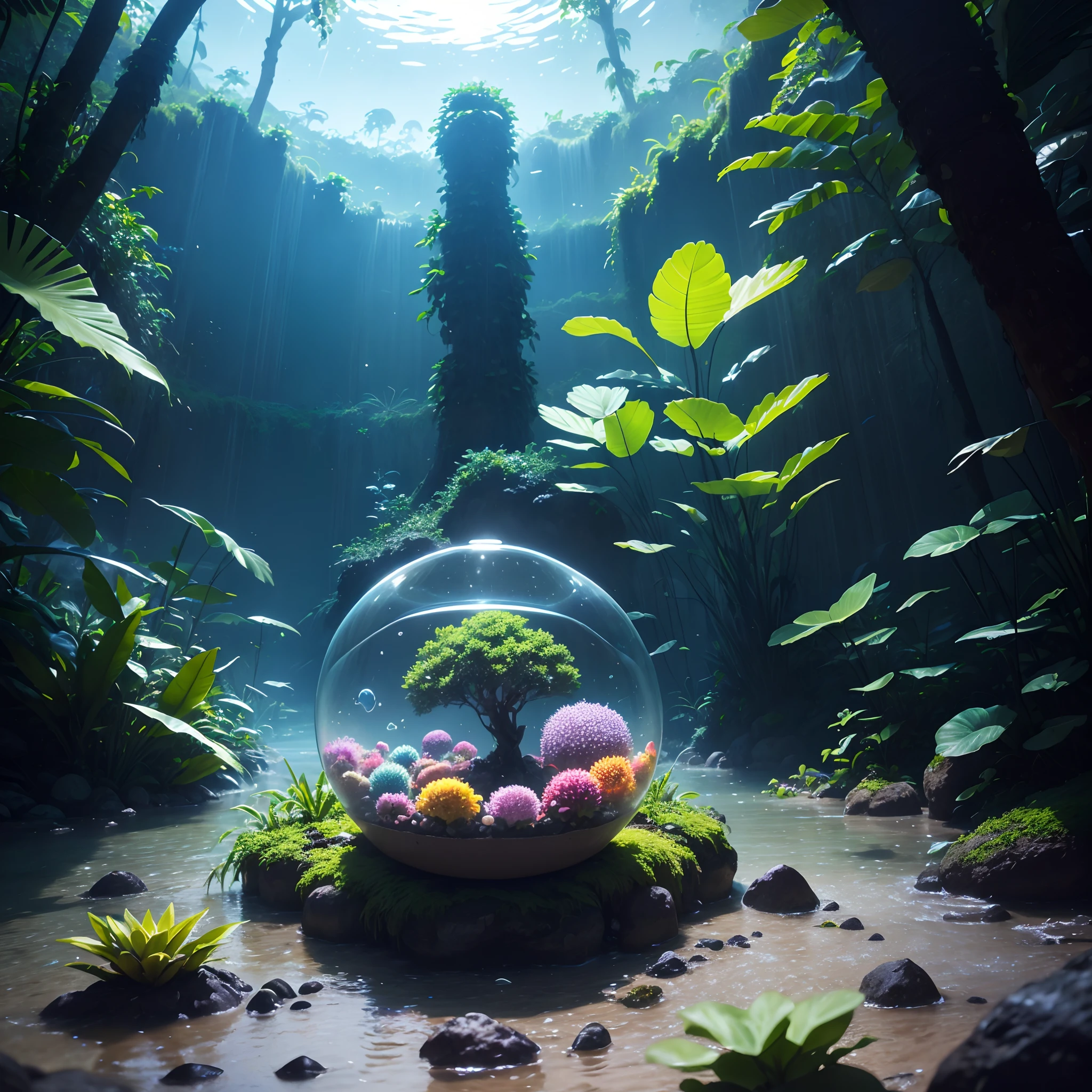 展示亚马逊生物多样性的圆形玻璃容器, 明亮的, 可爱的霓虹蘑菇, 导演是: 亚历山大·席尔瓦, 以逼真的幻想风格, 动漫 - 受启发的角色设计, 超高清图像, 柔和发光, 半透明的水, 邦巴科