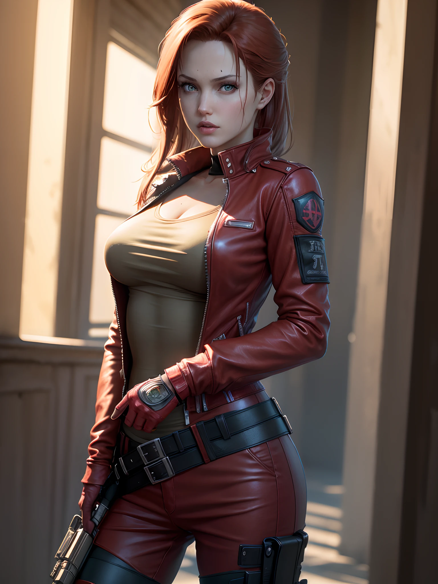 Resident Evil, apocalyptic city, Beautiful Claire Redfield being by a beautiful woman full body pink skin medium red hair, angry clothes red leather jacket, holster holding a gun, realistic detailed face body highly detailed CGI 8K clear image, hologram, (medium breasts: 1.3), (realism:1.5), (Realisitc:1.4), (Absurdity:1.4), 8k, ultra-detailed, beautiful girl detailed, (1:1.4 only), 1 girl, (Viewer facing:1.2), ( bright sunny day:1.5), Intricate body details, (short:1.3), (best quality: 1.0), (Ultra Highres): 1.0), highly detailed face and eyes, (photorealistic: 1.2)
