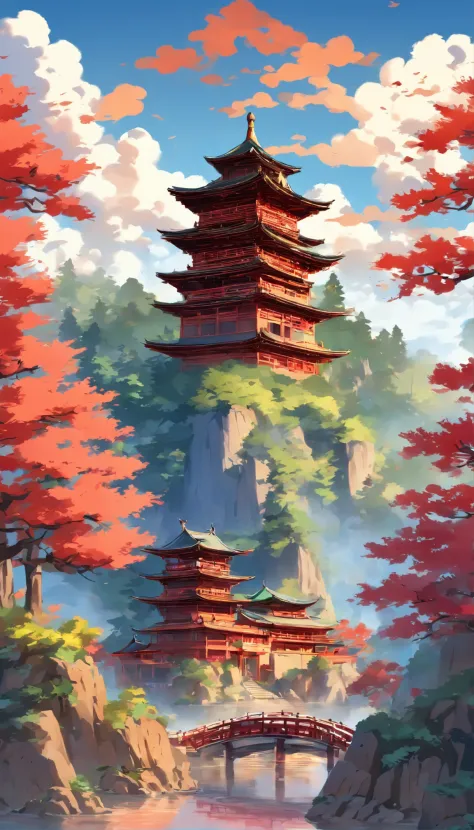 background depicting a temple， oriental wallpaper， Chinese landscape， Japanese Landscape， Chinese style， japanese art art， Japanese style painting， Ancient Chinese architecture， Chinese architecture，Pure blue sky，Beautiful tree，Red-blue tones，Figurative ch...