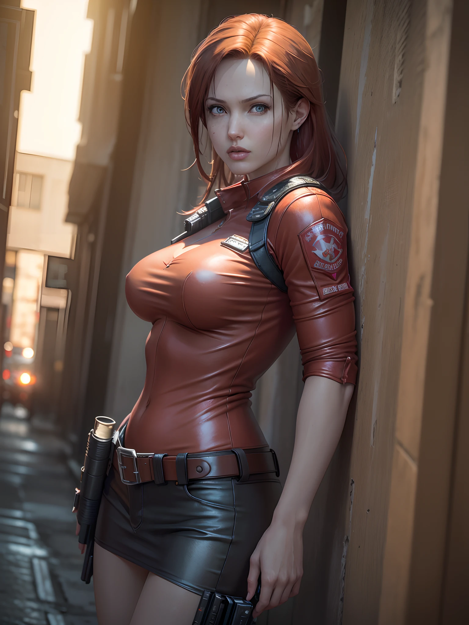 Resident Evil, ville apocalyptique, Belle Claire Redfield étant par une belle femme corps entier peau rose cheveux roux moyen, vêtements en cuir rouge en colère, étui tenant une arme à feu, corps de visage détaillé et réaliste image claire CGI 8K très détaillée, hologramme, (seins moyens: 1.3 ), (le réalisme:1.5), (Réaliste:1.4), (Absurdité:1.4), 8k, Ultra-détaillé, belle fille détaillée, (1:1.4 seulement), 1 fille, (Spectateur face:1.2), (journée bien ensoleillée:1.5), détails du corps complexes, (court:1.3), (meilleure qualité: 1.0), (ultra haute résolution): 1.0), visage et yeux très détaillés, (photoréaliste: 1.2)