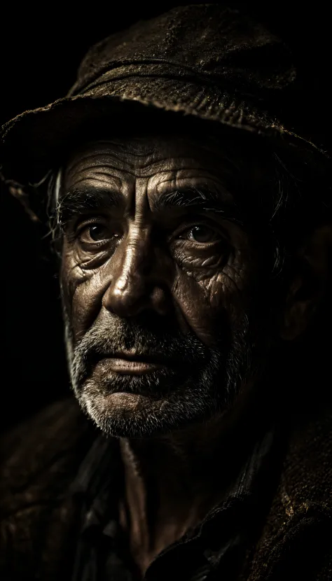 breathtaking cinematic character shot, mysterious alienated (exhausted old miner), staring at the viewer, expressive, emotive, nighttime, dark intricate background, realism, realistic, analog, portrait, photorealistic, (macro crisp face focus:1.4), natural lifelike texture, expressive look, extremely detailed pores and skin texture, by Mario Testino, ultra detailed iris pattern, dark arts, poorly lit, shadow, (cold rim backlight:1.6) desaturated colors, cinematic contrast,