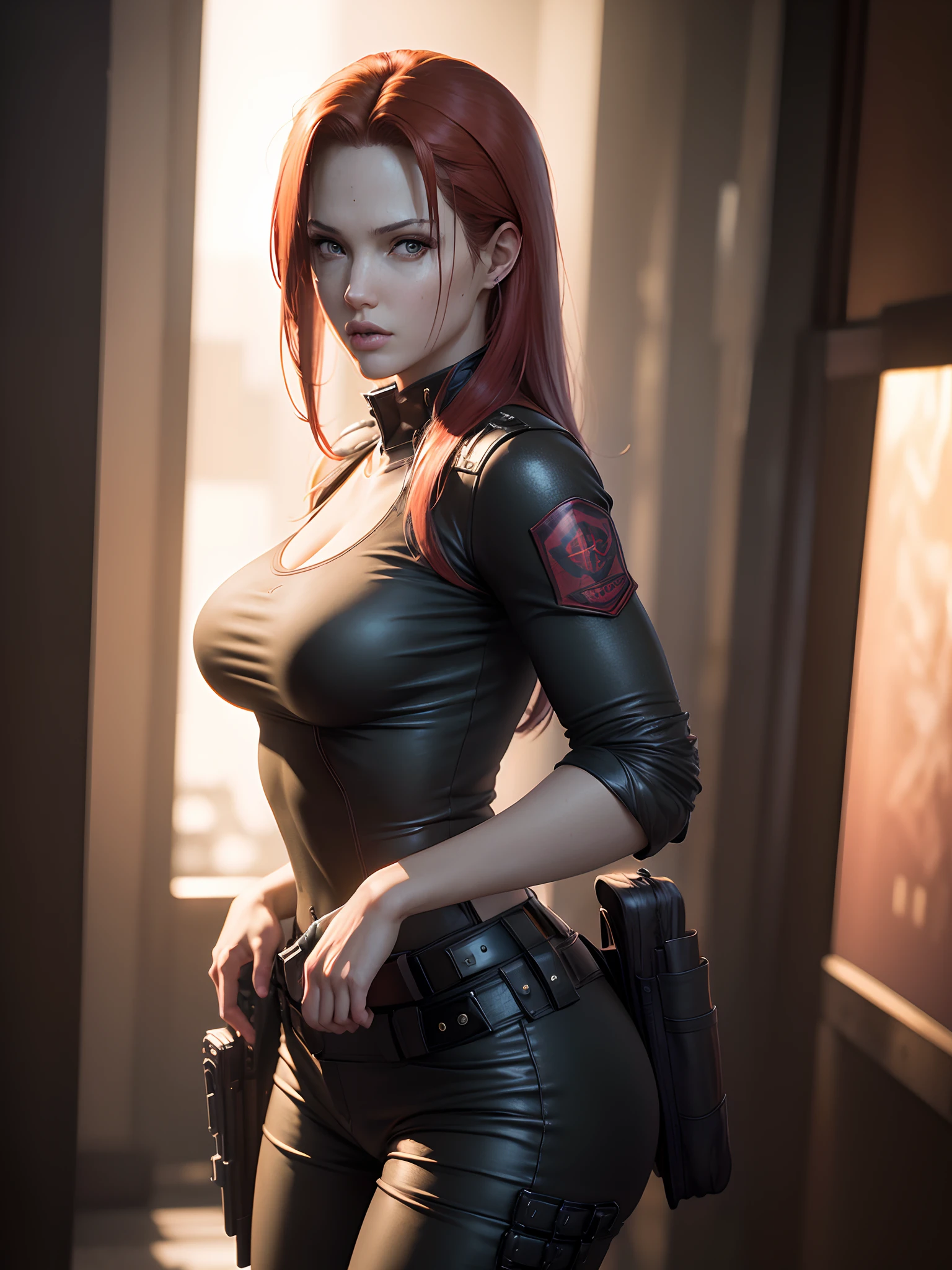 Resident Evil, cidade apocalíptica, Linda Claire Redfield sendo por uma linda mulher corpo inteiro pele rosa cabelo ruivo médio, coldre de roupas pretas raivosas segurando uma arma, corpo do rosto detalhado realista imagem clara CGI 8K altamente detalhada, holograma, (seios médios: 1.3), (Realismo:1.5), (Realista:1.4), (absurdo:1.4), 8K, ultra-detalhado, linda garota detalhada, (1:1.4 apenas), 1 garota, (Visualizador voltado:1.2), (dia ensolarado brilhante :1.5), Detalhes intrincados do corpo, (curto:1.3) , (melhor qualidade: 1.0), (ultra alta resolução): 1.0), rosto e olhos altamente detalhados, (fotorrealista: 1.2)