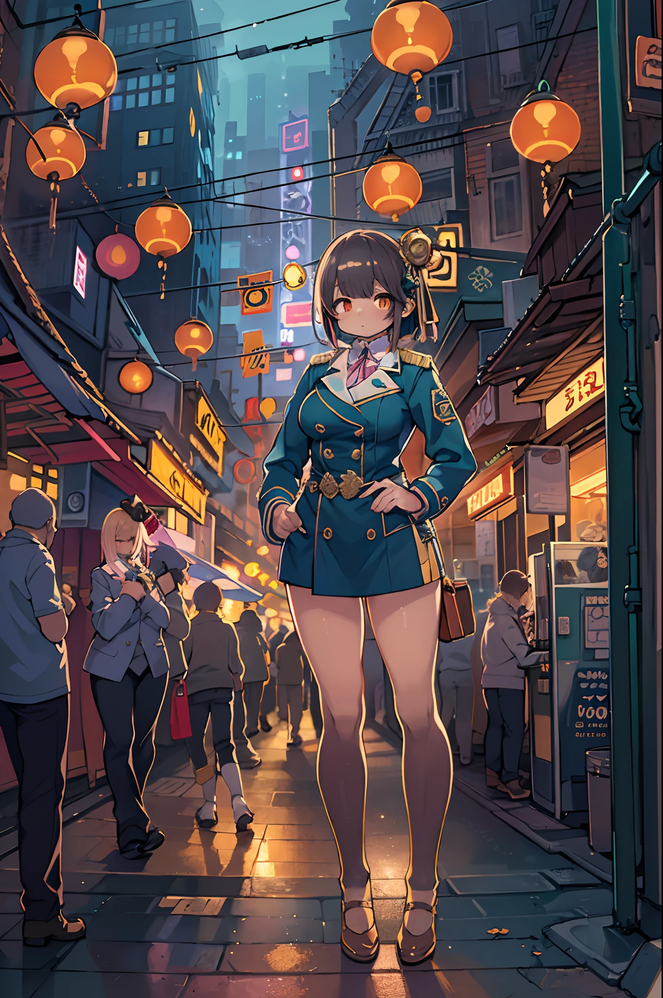 Dim orange moonlight,Dim orange neon lighting,Night,Beautiful woman in uniform in the bustling streets of Gintama, Surrounded by vendors, Beautiful portrait of a stunning goddess girl, beautifull detailed face, Porcelain Skin, Full body shot, Centered, ultra soft lighting, symmetry, Convoluted, Elegant, Highly detailed, Photorealistic, art  stations, Concept art, Smooth, as imagined by greg rutkowski and borris vallejo, cover, Vogue style