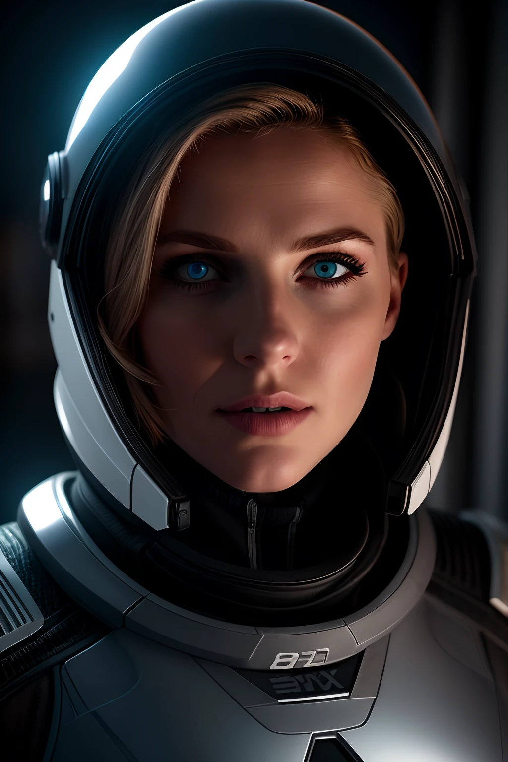 RAW photo, award-winning photo a curvy sexy 21 yo Russian woman with short blond hair in a silver flight suit with red lights a Space Force logo on chest, large chest, DD chest, beautiful blue eyes, asymmetric face, standing in front of a window on a space ship, 80mm, bokeh, mass effect, close up black, Broken Glass effect, no background, stunning, something that even doesn't exist, mythical being, energy, molecular, textures, iridescent and luminescent scales, breathtaking beauty, pure perfection, divine presence, unforgettable, impressive, breathtaking beauty, Volumetric light, auras, rays, vivid colors reflects 80mm, bokeh, mass effect, close up, battle-worn, a fiery desert landscape, dust storms, a blazing sun, intense color, (high detailed skin:1.2), 8k uhd, dslr, soft lighting, high quality, film grain, Fujifilm XT3 natural textures 8k oil paining masterpiece canon eos r4s 50