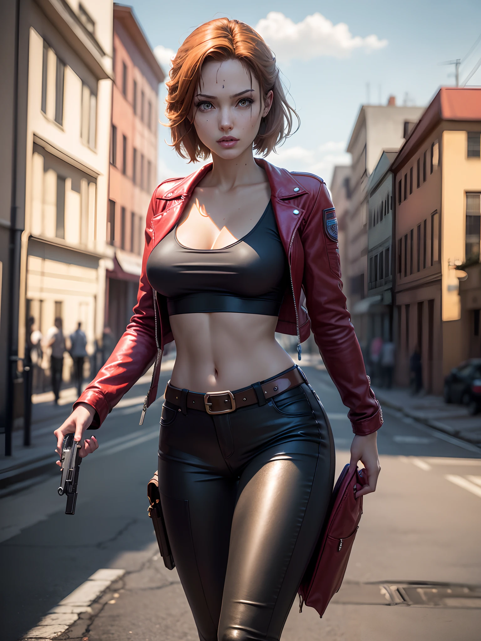 Resident Evil, Apocalyptic city, Beautiful Claire Redfield being by a beautiful woman full body pink skin medium red hair, tight clothing red leather jacket, holster holding a gun, realistic detailed face body clear image Highly detailed CGI 8K, hologram, ( medium breasts:1.3), (realism:1.5), (Realisitc:1.4), (Absurdity:1.4), 8k, ultra-detailed, beautiful girl detailed, (1:1.4 only), 1 girl, (Viewer facing:1.2 ), (bright sunny day:1.5), Intricate body details, (short:1.3), (best quality: 1.0), (Ultra Highres): 1.0), highly detailed face and eyes, (photorealistic: 1.2)