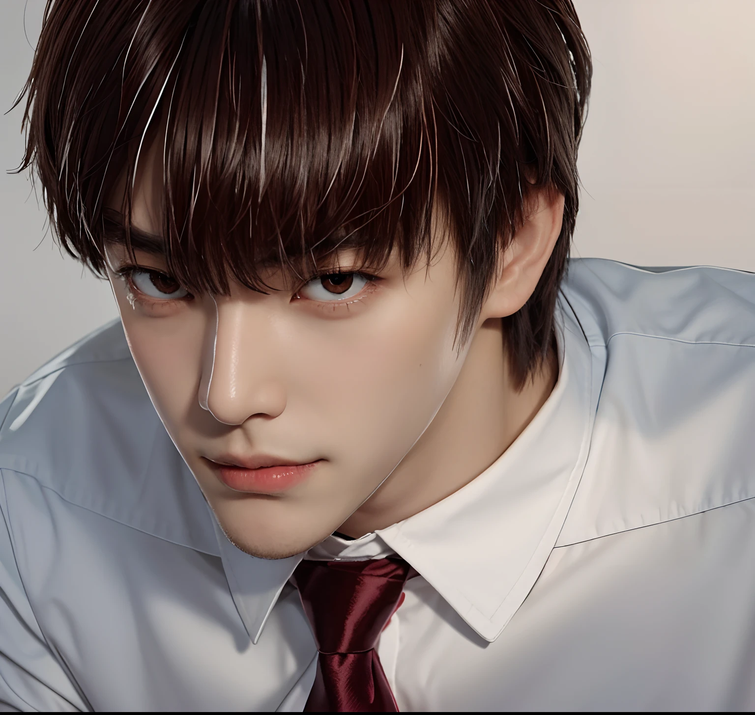 Um menino com gravata vermelha e camisa branca, cara alto com olhos castanhos, Seong Taehoon, Yagami Luz, ele é muito ameaçador e malvado, sorriso malicioso, Retrato realista, seus olhos são castanhos e brilhantes