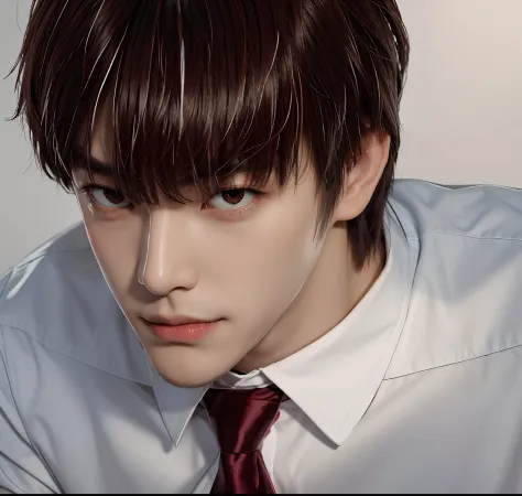 A boy with a red tie and white shirt, tall guy with brown eyes, seong taehoon, light yagami, he's very menacing and evil, roguis...