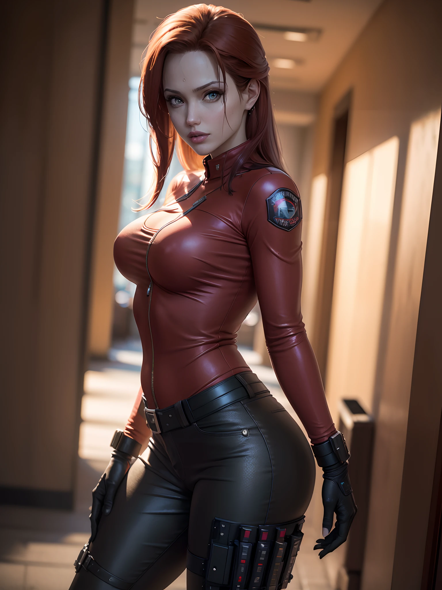 Resident Evil, cidade apocalíptica, Linda Claire Redfield sendo por uma linda mulher corpo inteiro pele rosa cabelo ruivo médio, jaqueta de couro vermelho de roupas raivosas, coldre segurando uma arma, corpo do rosto detalhado realista imagem clara CGI 8K altamente detalhada, holograma, (seios médios: 1.3), (realismo:1.5), (Realista:1.4), (Absurdidade:1.4), 8K, ultra-detalhado,  bonita detalhada, (1:1.4 apenas), 1 garota, (Visualizador voltado para:1.2), ( dia ensolarado brilhante:1.5), Detalhes intrincados do corpo, (curto:1.3), (melhor qualidade: 1.0), (ultra alta resolução): 1.0), rosto e olhos altamente detalhados, (fotorrealista: 1.2)