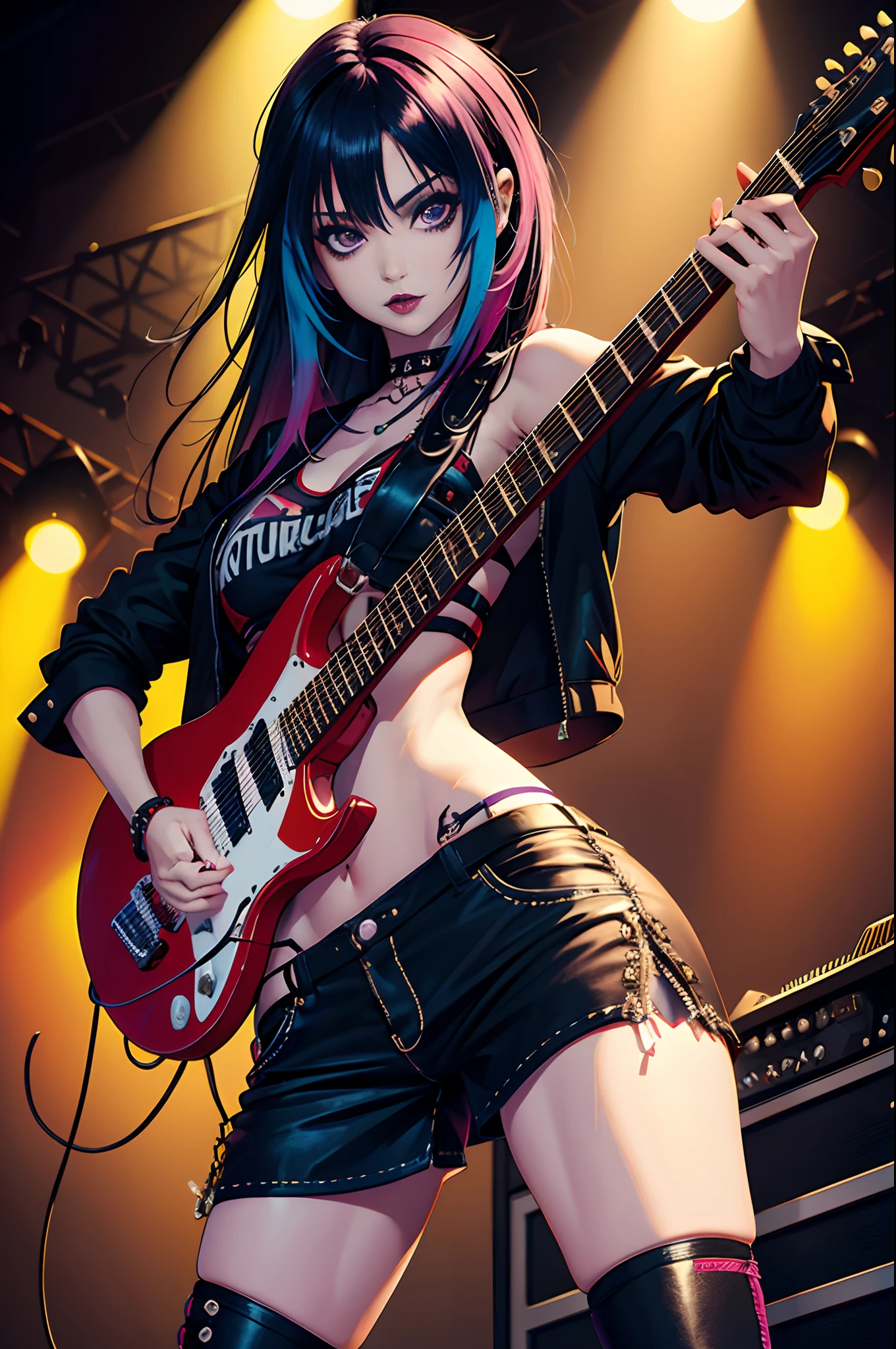 A rocker girl in a thong,portrait,illustration,Full body shot,electric guitar,avant-garde clothing,dark lipstick,spiky hair,muscular legs,confident expression,punk style,striking pose,dynamic  lighting,vibrant colors