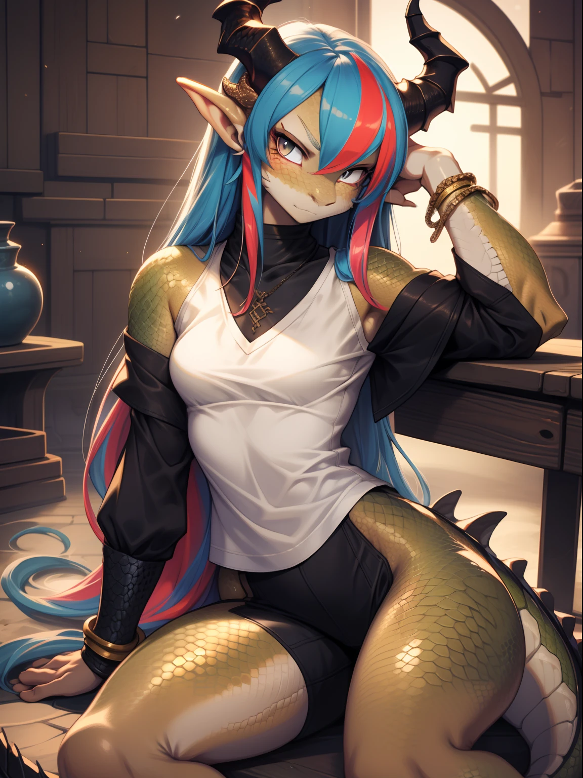 (dragan), woman, antrum, 1girl, Alone, delicate body, slender body, far, small body, bracelets, multicolored hair, long hair, horns, dragon horns, anime style, high quality, best quality, flaking skin, in a realistic style room, scales, dark scales, leg with scales on the thigh, arms with scales, face with scales, dark skin, scaly skin, textured scales, closed clothes,  closed pants, white t-shirt, long sleeve blouse, black blouse,