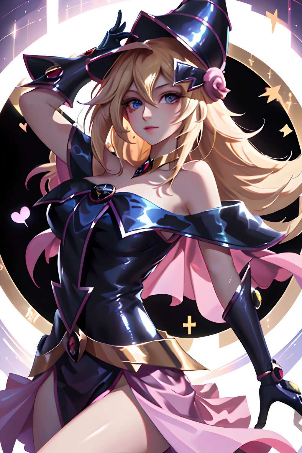 (tmasterpiece, Better quality; 1.3), extremaly detailed cg, ultra - detailed, 1 girl Black magician girl, Solo, ssmile, looking at viewert, Elegant Unger, cabellos largos dorados, eBlue eyes,
SV1, Dark magician girl uniform,  gloves on the elbow, head gear, Sailors lead Rubio, Red ribbons, Orange necklace, whitegloves, jewely, from the above,
Multiple hearts, sface focus, Venus, Tornado, abstract backgrounds, Heartstorm, Hart Lightning, Heart bubbles, Heart balls, Star of Halt, Heart flower, Light of the heart, The world of the heart, heartbackground, background of the galaxy, Heart weapons, The halo of the heart, magia. Black mage girl hot