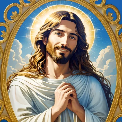 An extremely vivid and illuminated portrait of Jesus with a warm and radiant smile, dressed in a flowing white dress, A twinkling golden light and a subtle glow emanating gently from him, Surrounded by blue skies and pristine clouds, in the middle of a sof...